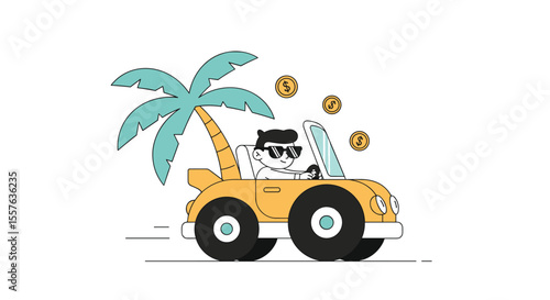 Joyful Character Driving Convertible Under Palm Tree With Falling Coins