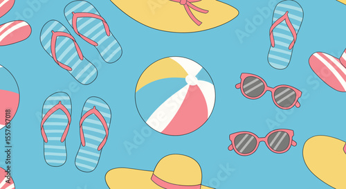 Summer themed pattern with beach ball sunglasses hat and flip flops.