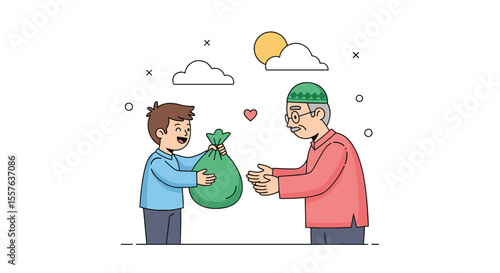 Generous Youth Shares Wealth with Elderly Man Showing Kindness and Compassion