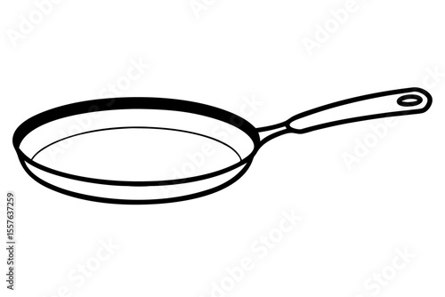 Simple black and white line art illustration of a frying pan on a transparent background