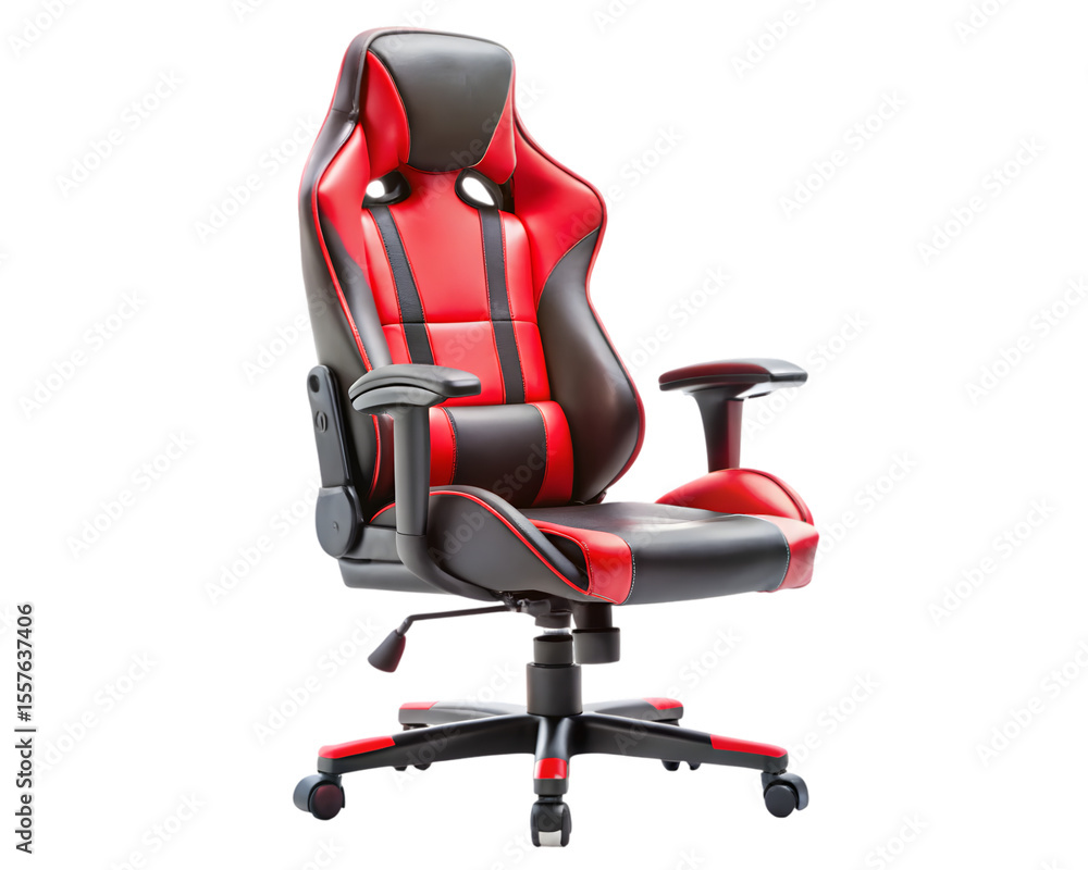 Fototapeta premium Photo of a red and black leather gaming chair is isolated on transparent background, designed for comfort and performance