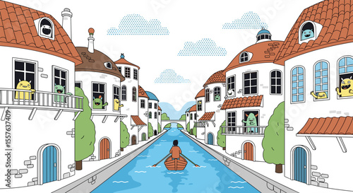 Charming European Town Featuring a Serene Canal Voyage with Whimsical Inhabitants