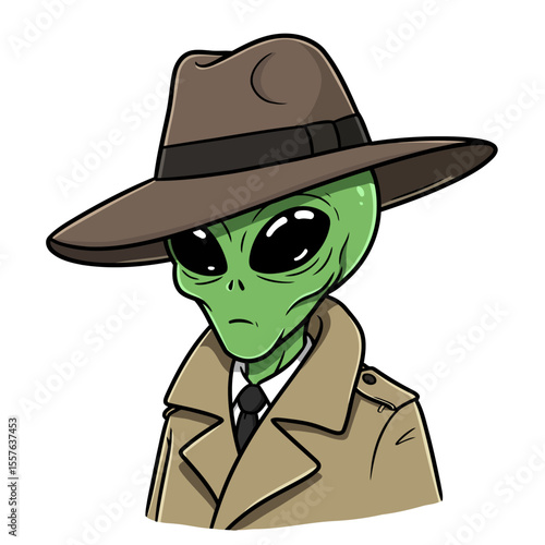 An alien wearing a fedora and trench coat