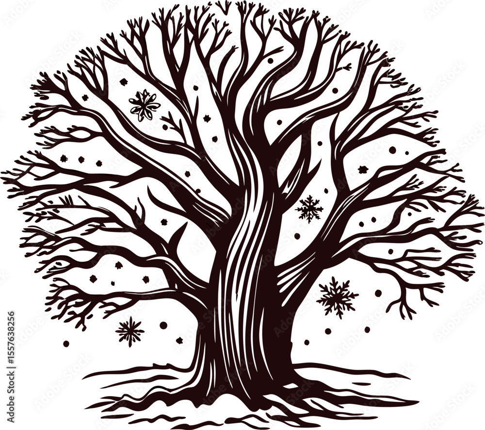 Obraz premium Intricate hand drawn winter tree with bare branches and snowflakes in vintage engraved illustration