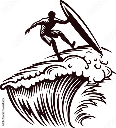 Dynamic illustration of male surfer riding large ocean wave vintage engraved athletic water sports concept