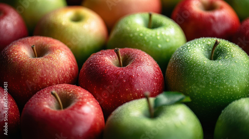 Closeup of Red and Green Apples with Water Droplets
