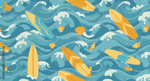 Surfboards and Seashells Pattern A Vibrant BeachThemed Design with Ocean Waves.