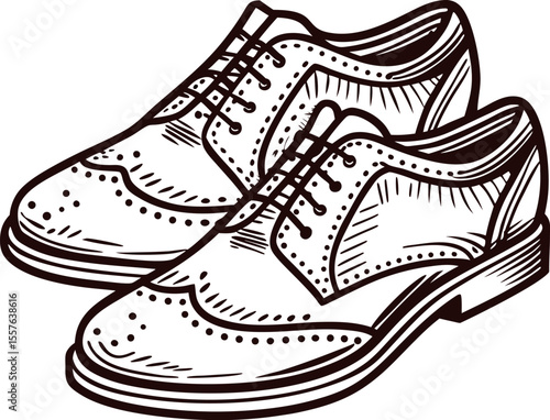 Classic lace up dress shoes illustration hand drawn detailed brogue leather footwear isolated on white background