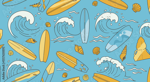 Surfboards Seashells and Waves A Summer Beach Pattern with Ocean Blue Background.