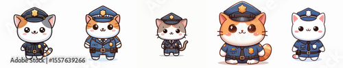 cute cat dressed as police icon set