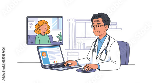 Telemedicine Consultation Doctor and Patient on Video Call with Laptop.