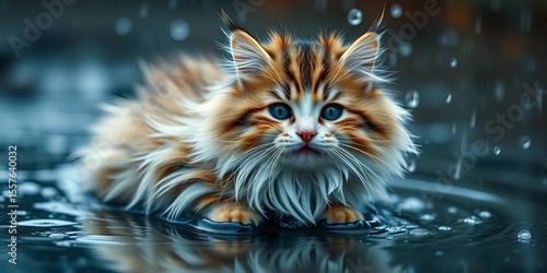 Fluffy cat, rain-soaked fur, joyful puddle splash,   pet photography,  adorable
