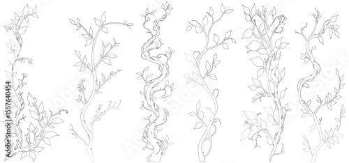 Silhouette ivy vine line cad vector, elegant black floral decorative border or corner design element of leaves in pretty layout. vector illustration
