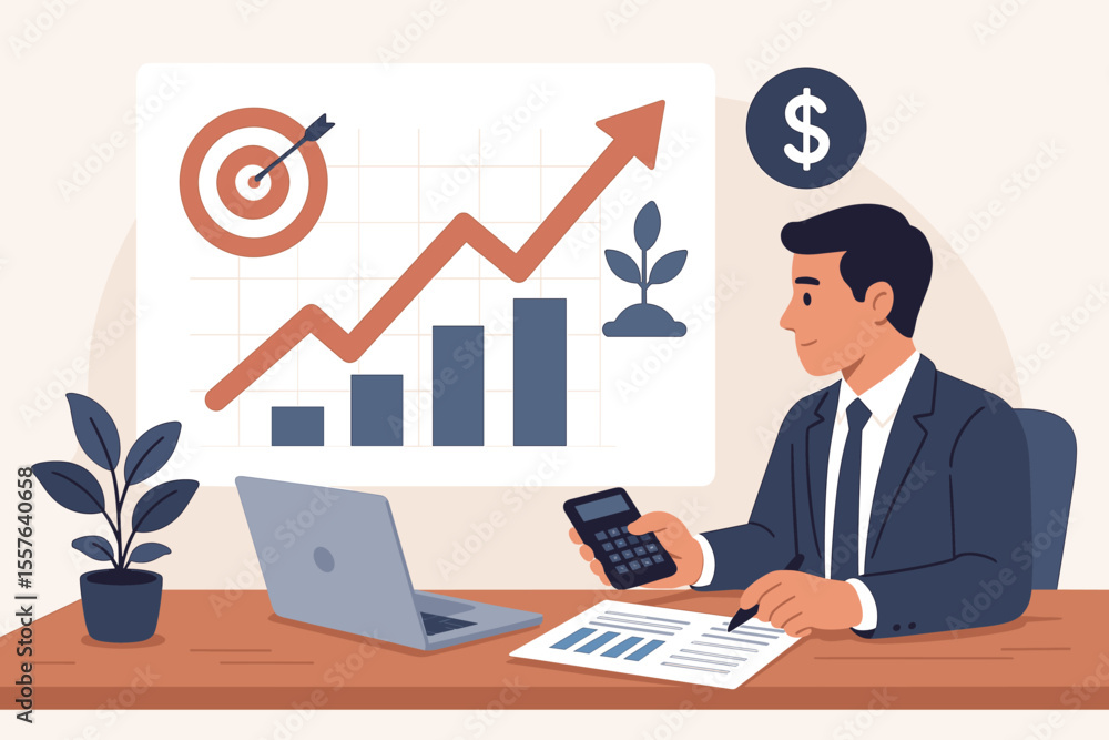 Businessman Analyzing Financial Growth Data, Target Achievement, Investment Strategy, Profit Increase, Office Workspace, Bar Graph, Arrow Up, Calculator, Laptop, Success Concept Illustration Businessman Analyzing Financial Growth Data, Target Achievement, Investment Strategy, Profit Increase, Office Workspace, Bar Graph, Arrow Up, Calculator, Laptop, Success Concept Illustration