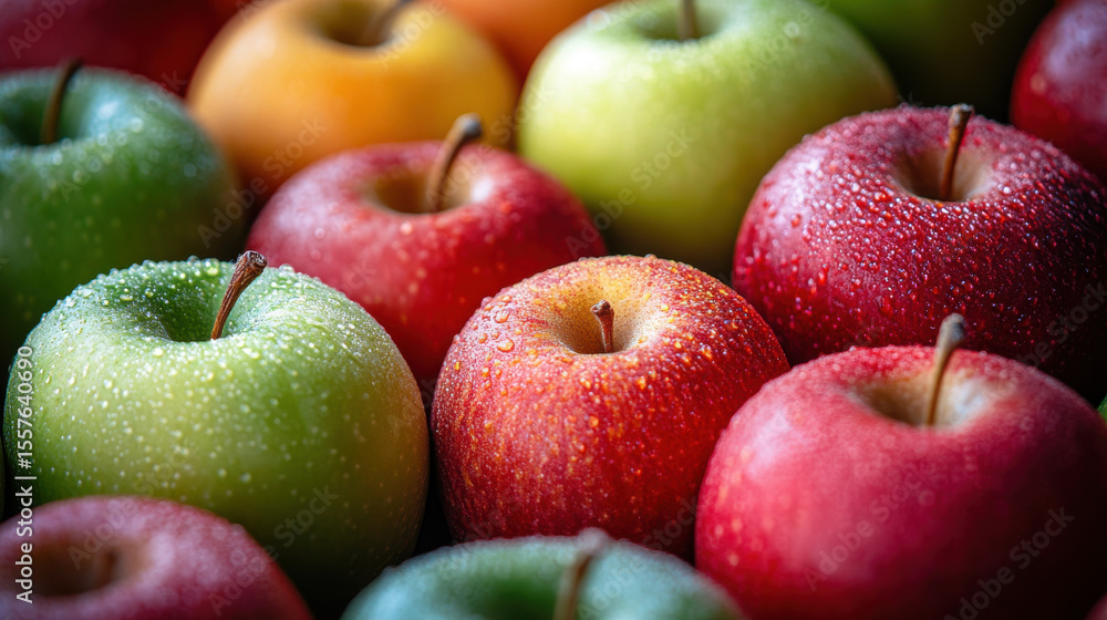 Closeup of Red Green and Yellow Apples with Water Droplets on Dark Background Closeup of Red Green and Yellow Apples with Water Droplets on Dark Background