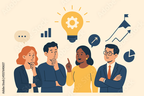 Diverse business team brainstorming innovative ideas for startup project, career growth, success strategy, teamwork, leadership, business analysis, flat design, modern vector illustration