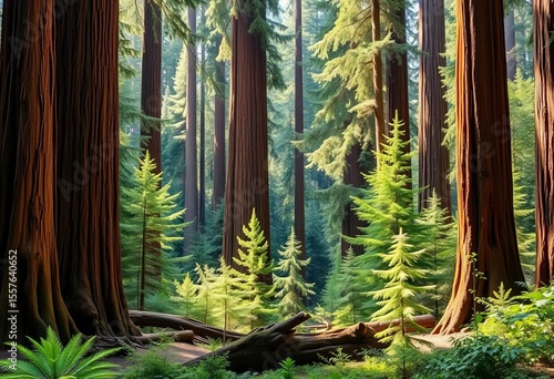 Majestic redwood forest, diverse wildlife thriving,  forest floor,  plants