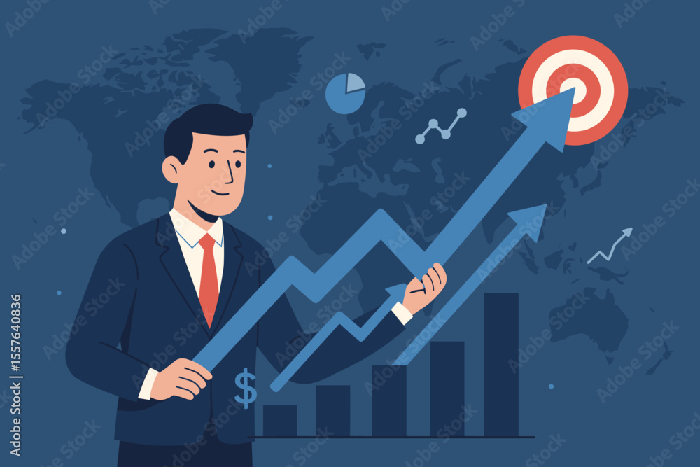 Businessman holding upward graph arrows and bar chart, financial growth, investment strategy, profit increase, target achievement, global business network, economic success, analytics concept Businessman holding upward graph arrows and bar chart, financial growth, investment strategy, profit increase, target achievement, global business network, economic success, analytics concept