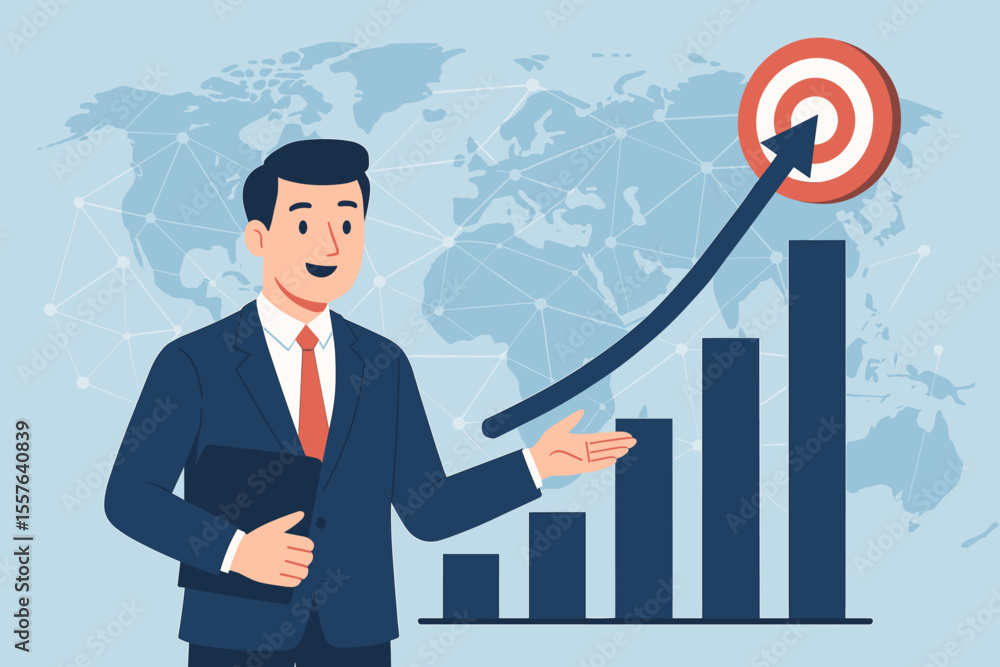 Businessman presenting rising bar chart with upward arrow, global network map, target symbol, business growth strategy, investment profit increase, financial success, economic progress concept Businessman presenting rising bar chart with upward arrow, global network map, target symbol, business growth strategy, investment profit increase, financial success, economic progress concept