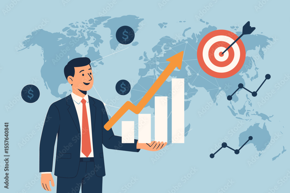 Businessman Holding Growth Bar Chart with Upward Arrow, Global Investment Strategy, Target Achievement, Profit Increase, Financial Success, Economy and Network Concept Businessman Holding Growth Bar Chart with Upward Arrow, Global Investment Strategy, Target Achievement, Profit Increase, Financial Success, Economy and Network Concept