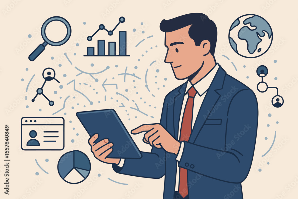 Businessman Using Tablet for Data Analysis, Business Intelligence, Financial Analytics, Customer Database Management, Algorithm Development, Data Science, Corporate Strategy, Sales Operations Businessman Using Tablet for Data Analysis, Business Intelligence, Financial Analytics, Customer Database Management, Algorithm Development, Data Science, Corporate Strategy, Sales Operations
