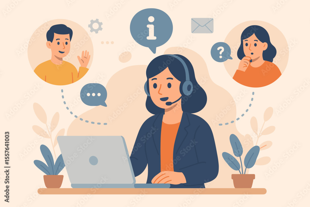 Customer service representative providing live online support, business client assistance, help desk info center, customer care communication, modern workplace, remote help concept illustration Customer service representative providing live online support, business client assistance, help desk info center, customer care communication, modern workplace, remote help concept illustration