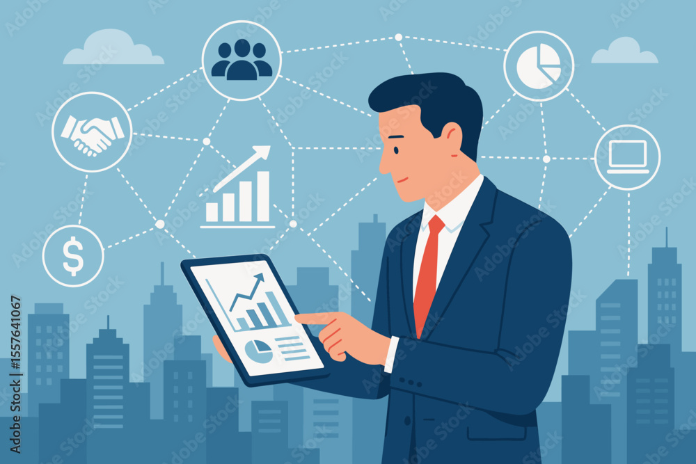 Businessman Analyzing Investment Data on Tablet, Digital Technology, Business Network Connection, Teamwork, Partnership, Financial Planning, Strategy, Data Exchange, Urban Office Concept Businessman Analyzing Investment Data on Tablet, Digital Technology, Business Network Connection, Teamwork, Partnership, Financial Planning, Strategy, Data Exchange, Urban Office Concept