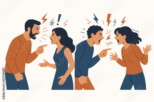 Angry couple arguing illustration. Aggressive man and woman yelling, quarrel, conflict, relationship problems, domestic dispute, shouting, emotional stress, flat vector design, white background