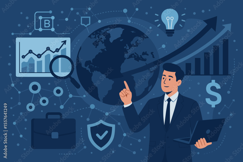 Global business strategy, investment planning, partnership network, financial growth, analytics, teamwork, businessman with laptop, world map, innovation, success, leadership, data analysis Global business strategy, investment planning, partnership network, financial growth, analytics, teamwork, businessman with laptop, world map, innovation, success, leadership, data analysis