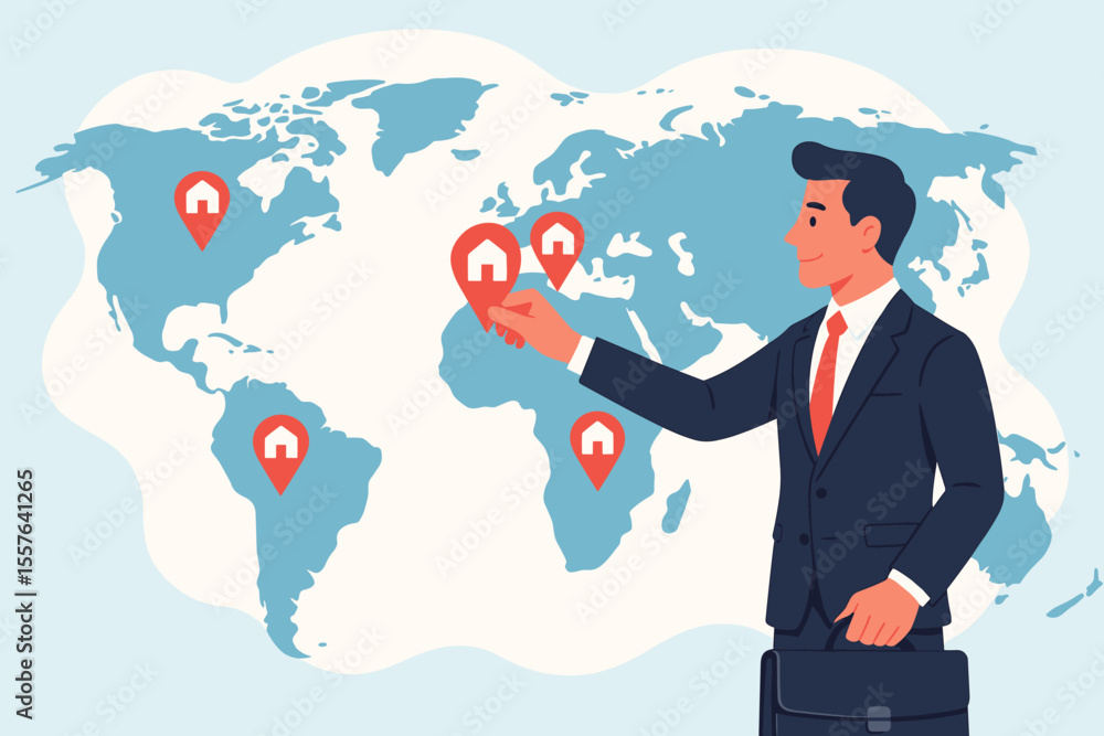 Global business expansion strategy, opening company branches and franchises in new international locations, worldwide growth concept, businessman CEO marking global office network on world map Global business expansion strategy, opening company branches and franchises in new international locations, worldwide growth concept, businessman CEO marking global office network on world map