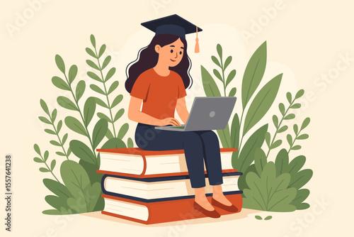 Female graduate student sitting on stacked books with laptop, surrounded by lush greenery. Online education, e-learning, language courses, remote study, modern flat vector illustration concept