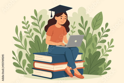 Female Graduate Student Sitting on Stack of Books with Laptop, Surrounded by Greenery, Online Learning, Language Course, Modern Flat Vector Cartoon for Education and E-Learning Concepts