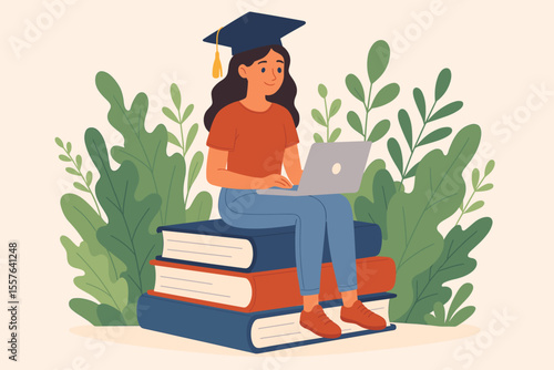 Female Graduate Student Sitting on Stack of Books with Laptop, Surrounded by Greenery, Online Learning, Language Course, Modern Flat Cartoon, Education Technology, English School Concept