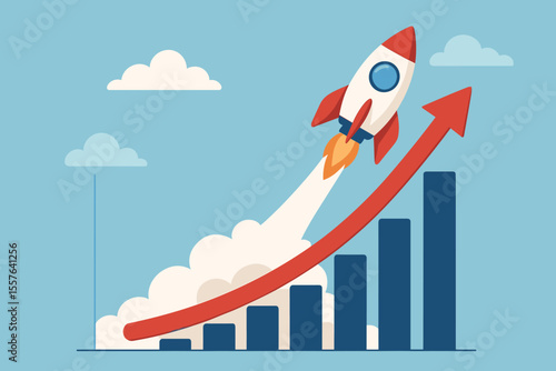 Rapid financial growth and business success concept. Rocket launching upward over bar chart. Innovation, achievement, progress, soaring to new heights, upward movement, modern flat vector illustration