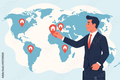 Global business expansion strategy, opening company branches and franchises in new international locations, worldwide growth concept, businessman CEO marking global office network on world map
