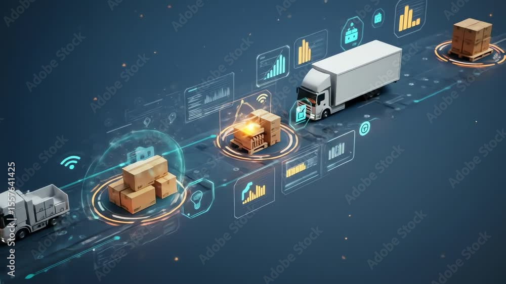 Trucks transport goods along a digital supply chain with data visualizations