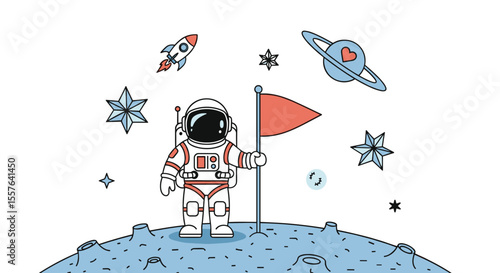 Astronaut Plants Flag on Lunar Surface Surrounded by Space Elements