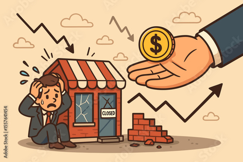 Financial aid helping hand supporting struggling small business with closed store, economic crisis, recovery, investment, and financial assistance concept vector cartoon illustration