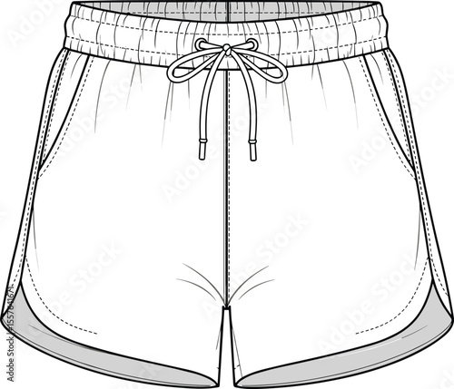 Technical flat sketch of women's athletic shorts with an elastic waistband and drawstring, featuring curved side hems, ideal for sportswear design, activewear, and pattern making, modern