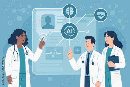 Medical team interacting with AI-powered electronic health records, digital healthcare innovation, virtual interface, smart hospital technology, science, modern medicine, patient data network