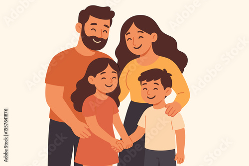 Happy family portrait illustration. Mother, father, daughter, son holding hands, hugging. Loving parents, children together. Modern flat cartoon. Unity, support, togetherness, family values concept.