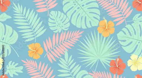 Tropical Foliage and Hibiscus Flowers Pattern in Pastel Shades on Light Blue.