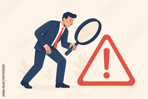 Root cause analysis and problem solving concept with businessman holding magnifying glass investigating warning sign, risk management, incident tracking, business investigation vector illustration