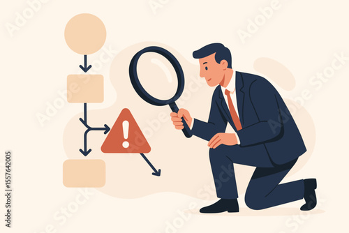Businessman Analyzing Root Cause of Problem with Magnifying Glass, Investigating Incident in Workflow, Exclamation Mark Warning, Modern Flat Vector, Process Error Detection, Problem Solving Concept