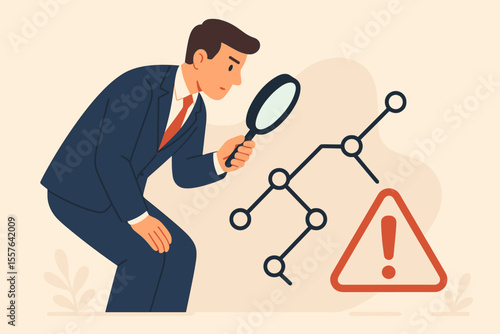 Businessman Analyzing Root Cause with Magnifying Glass, Investigating Incident, Exclamation Mark Warning, Problem Solving, Risk Assessment, Data Analysis, Modern Flat Vector Illustration