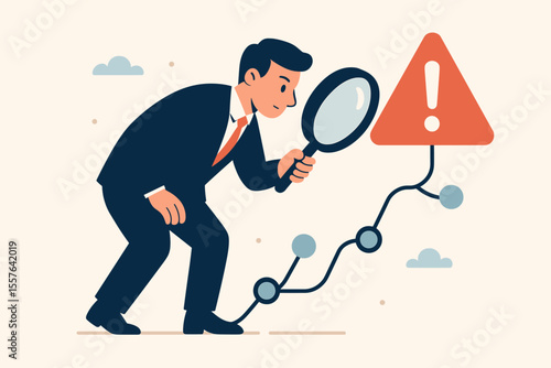 Root cause analysis problem solving concept. Businessman with magnifying glass investigates incident, tracks data, finds warning sign, exclamation mark. Risk management, error detection, flat vector