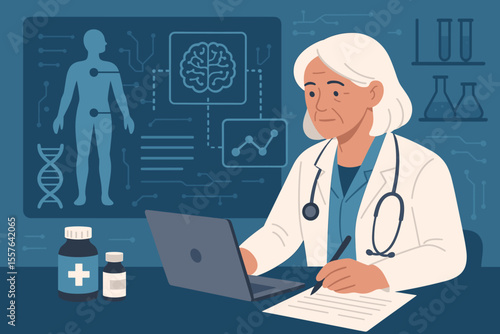 Senior female doctor scientist using AI algorithms for medical data analysis, digital health research, developing treatment strategy in hospital laboratory, modern healthcare technology concept vector