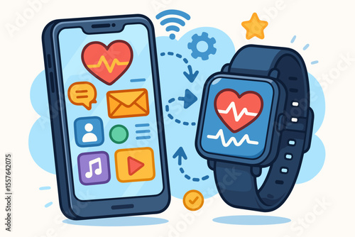 Cartoon vector illustration of smartphone and smartwatch synchronization, wearable technology, health and fitness app integration, wireless data transfer, mobile user interface, digital communication