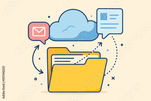 Cloud storage data management concept with yellow document folder, email message, file sharing, data processing, communication, flat vector illustration for web design, marketing, digital workflow