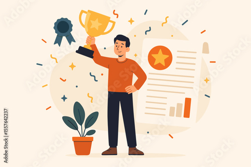 Achievement Award Winner Holding Trophy, Certificate and Ribbon. Success Celebration, Best Performance Recognition, Business Accomplishment, Modern Flat Vector Illustration with Infographic Elements